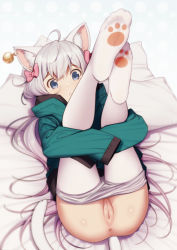  1girl :o animal_ears anus ass bell blue_eyes bow cat_ears cat_girl cat_tail cleft_of_venus clothes_pull eromanga_sensei feet female_focus hair_bow highres hood hooded_jacket izumi_sagiri jacket jingle_bell kemonomimi_mode legs_up loli long_hair looking_at_viewer lying no_shoes on_back pantyhose pantyhose_pull paw_print_socks paw_print_soles pillow pink_bow pussy silver_hair soles solo tail uncensored very_long_hair weyowang white_pantyhose  rating:Explicit score:554 user:Domestic_Importer