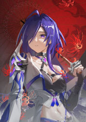  1girl acheron_(honkai:_star_rail) ahoge armor belt black_belt black_choker breasts choker cleavage closed_mouth coat commentary_request criss-cross_halter eyes_visible_through_hair flower hair_over_one_eye halterneck highres holding holding_umbrella honkai:_star_rail honkai_(series) large_breasts long_hair looking_to_the_side midriff multicolored_hair navel oil-paper_umbrella purple_eyes purple_hair rnte5434 shoulder_armor single_bare_shoulder solo spider_lily streaked_hair twitter_username umbrella upper_body white_coat 