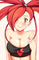  1girl animated animated_gif blush bouncing_breasts breasts cleavage creatures_(company) emofuri flannery_(pokemon) game_freak gym_leader large_breasts nintendo pokemon red_hair vivivoovoo  rating:Questionable score:217 user:PirateBeard