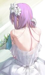  1girl absurdres adjusting_hair back bare_shoulders bouquet commentary dress earrings eyelashes flower from_behind gloves hair_flower hair_ornament highres holding holding_bouquet hololive jewelry long_hair median_furrow multicolored_hair necklace nose orchid pink_hair purple_hair rei_(9086) signature solo streaked_hair tokoyami_towa two-tone_hair virtual_youtuber white_dress white_flower white_gloves 