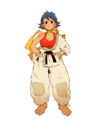 1girl andrewcockroach baggy_clothes baggy_pants barefoot black_hair blush_stickers bra breasts brown_eyes choker cleavage dougi frown full_body hands_on_own_hips highres looking_at_viewer makoto_(street_fighter) medium_breasts off_shoulder pants red_bra red_sports_bra ribbon_choker short_hair solo sports_bra street_fighter street_fighter_iii_(series) toes tomboy underwear white_background rating:Questionable score:27 user:danbooru