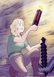  1girl alex_(minecraft) belt blonde_hair boots braid female_focus green_shirt holding holding_pickaxe kneeling minecraft no_pupils pants pickaxe shimokori shirt side_braid solo square_mouth sweatdrop torch  rating:General score:13 user:ponekad