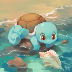  beach closed_mouth commentary conch creatures_(company) english_commentary game_freak gen_1_pokemon looking_down nintendo no_humans pokemon pokemon_(creature) red_eyes rileykitty signature smile solo squirtle water  rating:General score:4 user:danbooru