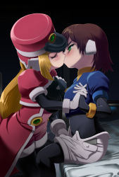  2girls aile_(mega_man_zx) bad_id bad_pixiv_id bed blonde_hair blush grabbing_another&#039;s_breast breasts_squeezed_together breasts brown_hair capcom couple closed_eyes grabbing green_eyes holding_hands interlocked_fingers kiss machbow mega_man_(series) mega_man_zx multiple_girls prairie_(mega_man) yuri  rating:Questionable score:159 user:Test369