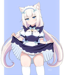  1girl absurdres animal_ear_fluff animal_ears apron artist_name audirenze bell black_skirt blue_background blue_bow blue_bowtie blue_eyes blunt_bangs blush border bow bowtie breasts buttons cat_ears cat_girl character_name cleavage_cutout closed_mouth clothes_lift clothing_cutout commentary eyelashes feet_out_of_frame frilled_skirt frills gluteal_fold groin hair_bow hands_up heart-shaped_ornament heart_button highres jingle_bell jitome lifted_by_self long_hair looking_at_viewer low_twintails maid maid_headdress micro_panties neck_bell nekopara panties puffy_short_sleeves puffy_sleeves shirt short_sleeves sidelocks simple_background skindentation skirt skirt_lift slit_pupils small_breasts smile smug solo split_mouth standing thighhighs thighs twintails twitter_username underwear vanilla_(nekopara) very_long_hair waist_apron waitress white_apron white_border white_hair white_panties white_shirt white_thighhighs white_wrist_cuffs wrist_cuffs 