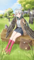  1girl absurdres ahoge animal animal_ears armpit_cutout backpack bag belt bird bird_ears bird_legs black_belt black_feathers black_wings brown_eyes candy chouhen_huanhua_cheng_haiyang clothing_cutout commentary_request denim denim_skirt feathers food grey_hair grey_shirt harpy highres holding holding_candy holding_food holding_lollipop jewelry licking_lips lollipop looking_at_viewer monster_girl necklace original outdoors pigeon scarf shirt short_hair sitting sitting_on_log skirt smile solo talons tongue tongue_out tree unworn_backpack unworn_bag wings 