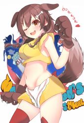  1girl absurdres animal_ears animal_hands apron bone-shaped_pupils bone_hair_ornament braid breasts brown_eyes brown_hair cartoon_bone collar cutout_above_navel dog_ears dog_girl dog_tail doggy_god&#039;s_street gloves hair_ornament highres hololive inugami_korone looking_at_viewer low_twin_braids medium_breasts miniskirt navel official_alternate_costume one_eye_closed paw_gloves red_socks shirt short_sleeves skirt smile socks solo spiked_collar spikes symbol-shaped_pupils tail thighhighs thighs twin_braids virtual_youtuber waist_apron yellow_shirt yuzf 