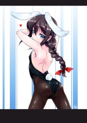 1girl absurdres animal_ears armpits arms_up ass bare_shoulders black_leotard blush braid closed_mouth covered_erect_nipples cowboy_shot fake_animal_ears flat_chest from_behind hair_ribbon heart highres kantai_collection kemonomimi_mode legs_apart leotard looking_at_viewer looking_back pantyhose playboy_bunny rabbit_ears rabbit_tail red_ribbon ribbon shigure_(kancolle) shiny_skin shirogane_(cufsser) shoulder_blades sidelocks signature single_braid smile solo standing strapless strapless_leotard striped striped_background tail two-tone_background vertical_stripes rating:Questionable score:7 user:danbooru