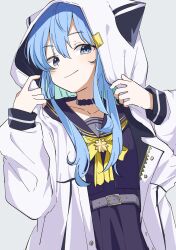  1girl absurdres black_shirt black_skirt blue_eyes blue_hair choker closed_mouth el_(nevelo) highres hololive hood hooded_jacket hoshimachi_suisei hoshimachi_suisei_(school_uniform) jacket light_blush long_sleeves looking_at_viewer neckerchief open_clothes open_jacket shirt simple_background skirt smile solo upper_body virtual_youtuber white_background white_jacket yellow_neckerchief 
