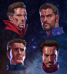 4boys armor avengers_(series) beard benedict_cumberbatch blue_eyes brown_eyes brown_hair captain_america captain_america_(series) chris_evans chris_hemsworth closed_mouth commentary doctor_strange doctor_strange_(series) doctor_strange_in_the_multiverse_of_madness english_commentary facial_hair grey_hair highres iron_man iron_man_(series) looking_ahead looking_at_viewer male_focus manly marvel marvel_cinematic_universe mature_male multicolored_hair multiple_boys mustache portrait power_armor power_suit realistic robert_downey_jr. serious seung_eun_kim short_hair star_(symbol) starry_background steve_rogers stubble superhero_costume thor_(marvel) tony_stark two-tone_hair wizard