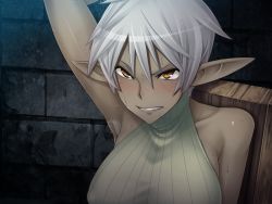 1girl angry arm_up armpit_hair armpits bare_shoulders blush captive_market clenched_teeth collarbone danes_c_asriel dark_elf dark_skin dark-skinned_female elf female_focus game_cg hair_between_eyes indoors lilith-soft looking_at_viewer pointy_ears shindol short_hair silver_hair sitting solo striped sweat teeth turtleneck upper_body vertical_stripes yellow_eyes rating:Sensitive score:102 user:olver
