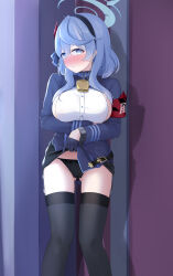 1girl absurdres ako_(blue_archive) armband bell black_hairband black_panties black_thighhighs blue_archive blue_coat blue_eyes blue_gloves blue_hair blush breasts clothes_lift coat cowbell embarrassed gloves gluteal_fold hair_between_eyes hairband half_gloves halo highres large_breasts lifting_own_clothes long_hair long_sleeves miniskirt neck_bell nedo645685229 nose_blush panties sideboob sidelocks skirt skirt_lift solo standing thighhighs underwear rating:Sensitive score:7 user:danbooru