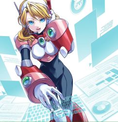 1girl alia_(mega_man) android armor blonde_hair blue_eyes bodysuit breasts capcom commentary_request female_focus framed_breasts fujino_yuuki gloves headgear headset holographic_interface holographic_keyboard leaning_forward long_hair mega_man_(series) mega_man_x_(series) open_mouth robot_ears solo swept_bangs teeth white_background white_gloves rating:Sensitive score:13 user:danbooru