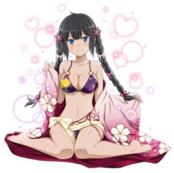 10s 1girl black_hair blue_dress blue_eyes breasts cleavage cleavage_cutout clothing_cutout dress dungeon_ni_deai_wo_motomeru_no_wa_machigatteiru_darou_ka feet female_focus full_body gloves hestia_(danmachi) japanese_clothes long_hair looking_at_viewer official_art smile swimsuit transparent_background twintails white_gloves rating:Sensitive score:97 user:deltaonix