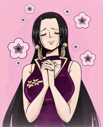 1girl black_hair blush boa_hancock breasts dress earrings flower highres interlocked_fingers large_breasts long_hair one_piece own_hands_together pink_background rocckart smile snake_earrings solo very_long_hair  rating:General score:3 user:Sukugumi1