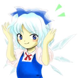  1girl blue_bow blue_eyes blue_hair bow cirno closed_mouth fairy hair_bow hands_up ice ice_wings light_blue_hair lowres medinki neck_ribbon official_style puffy_short_sleeves puffy_sleeves red_ribbon ribbon short_hair short_sleeves smile solo touhou upper_body wings zun_(style) 