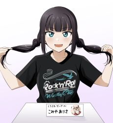  1girl alternate_hairstyle aqua_eyes barkhorn0331 bikini black_hair black_shirt blunt_bangs check_translation collarbone commentary_request english_text highres komiya_arisa kurosawa_dia long_hair looking_at_viewer love_live! love_live!_sunshine!! mole mole_under_mouth open_mouth playing_with_own_hair print_shirt red_bikini shirt short_sleeves sidelocks solo swimsuit translation_request twintails upper_body v-shaped_eyebrows voice_actor_connection white_background 