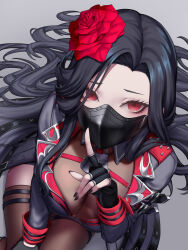  1girl absurdres belt black_coat black_gloves black_hair breasts buckle cleavage coat fingerless_gloves flower from_below gloves goddess_of_victory:_nikke hair_flower hair_ornament harness highres kumiko_shiba lock long_hair looking_at_viewer looking_up maiden_(nikke) mask mouth_mask on_floor red_eyes red_flower red_rose rose see-through simple_background sitting solo spikes thigh_strap thighhighs very_long_hair 