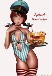 1girl bare_shoulders blue_eyes braid breasts burger commentary drink food freckles french_fries hat highleg highleg_leotard highres holding holding_tray leotard looking_at_viewer nazi otto peaked_cap product_girl red_hair revealing_clothes short_hair short_twintails simple_background small_breasts solo standing striped_clothes striped_thighhighs thighhighs tray twin_braids twintails uniform watermark web_address wendy&#039;s wendy_(wendy&#039;s) rating:Sensitive score:191 user:danbooru