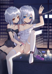  2girls absurdres bdsm blue_eyes bondage bondage_cuffs bound candle chain choker cityscape collar dildo female_focus femdom fingering highres incest loli long_hair multiple_girls nipple_slip nipples no_bra no_panties nuolin_(amaki-aria) nuoxi_(amaki-aria) orange_eyes pubic_tattoo pussy pussy_juice sakutaishi saliva saliva_trail sex_toy short_hair siblings silver_hair slave tattoo thighhighs twincest twins vibrator witch&#039;s_kiss_is_the_smell_of_lily yuri  rating:Explicit score:344 user:King0fAnonymous