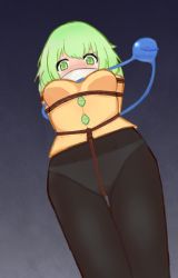  1girl bdsm black_pantyhose bondage bound bound_arms breasts buttons closed_eye cloth_gag crotch_rope diamond_button from_below gag gagged green_eyes green_hair highres improvised_gag komeiji_koishi medium_breasts no_pants panties panties_under_pantyhose pantyhose restrained shirt solo talesofkousoku tears underwear white_panties yellow_shirt  rating:Questionable score:9 user:bonbonda