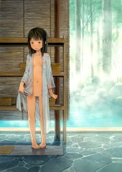  1girl bare_legs barefoot basket black_hair blush bottomless brown_eyes brown_hair changing_room cleft_of_venus clothes_lift day dot_nose facing_viewer female_focus flat_chest full_body highres japanese_clothes kimono kimono_lift loli long_hair navel nipple_slip nipples nude onsen open_clothes open_kimono original outdoors parted_lips pigeon-toed pussy see-through solo standing steam tareme thigh_gap tree uncensored water wet wet_clothes yoshida_seiji yukata  rating:Explicit score:249 user:danbooru