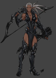  1girl absurdres arm_tattoo armor arrow_(projectile) black_nails bow_(weapon) breasts chest_tattoo collarbone commentary dark-skinned_female dark_elf dark_skin drill_(emilio) earrings elbow_gloves elf fingerless_gloves full_body gloves grey_background grey_hair half-closed_eyes high_heels highres holding holding_bow_(weapon) holding_weapon jewelry long_hair long_pointy_ears looking_at_viewer medium_breasts muscular muscular_female nail_polish neck_tattoo neytharone_(drill_(emilio)) original parted_lips pointy_ears ponytail quiver red_eyes simple_background smile solo standing tattoo weapon 