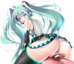  1girl aftersex aqua_eyes ass bad_id bad_pixiv_id breasts buttjob censored cum detached_sleeves ejaculation from_behind green_hair grinding hatsune_miku headset hetero legs long_hair looking_back necktie panties penis penis_on_pussy pointless_censoring scatter_milk simple_background skirt small_breasts solo_focus thick_thighs thighhighs thighs thong twintails underwear upskirt very_long_hair vocaloid white_panties zettai_ryouiki  rating:Explicit score:102 user:danbooru