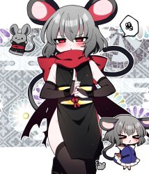  &gt;_&lt; absurdres alternate_costume animal_ears back_bow blue_dress blush bow dress embarrassed fishnets flower frills gesture grey_hair highres japanese_clothes long_sleeves mouse_(animal) mouse_ears mouse_tail multiple_persona nazrin red_eyes red_scarf scarf short_hair sleeveless sweatdrop tail touhou you_(noanoamoemoe) 