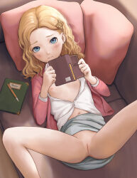 1girl blonde_hair blue_eyes book butterfly_hair_ornament buttons cardigan cleft_of_venus clitoris closed_mouth clothes_lift couch earrings english_text eyebrows eyelashes feet_out_of_frame female_focus flat_chest freckles grey_skirt hair_ornament highres holding holding_book indoors jewelry kuroshiro00 loli long_sleeves looking_at_viewer lying medium_hair navel nipples notebook on_back on_couch open_clothes open_shirt original parted_bangs parted_hair pen pillow pink_cardigan pussy shirt skirt skirt_lift solo spread_legs uncensored wavy_hair white_shirt rating:Explicit score:764 user:LittleLoliPanties