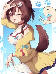  1girl :p ;p animal_collar animal_ears blue_bow blush bone bone_hair_ornament bow braid breasts brown_eyes brown_hair buttons collar collarbone commentary_request cowboy_shot dog_ears dog_girl dog_tail double_v dress extra_ears hair_between_eyes hair_ornament highres hololive inugami_korone jacket listener_(inugami_korone) looking_at_viewer medium_breasts medium_hair mosi1222ss off_shoulder one_eye_closed skirt sleeveless sleeveless_dress tail tongue tongue_out v v_over_eye virtual_youtuber white_dress wristband yellow_jacket 