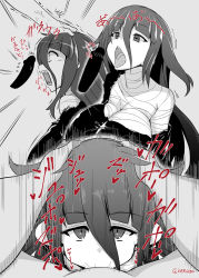 10s 1boy 1girl bandaged_neck bandages black_eyes black_hair blunt_bangs breasts commentary_request deepthroat erection fellatio greyscale hair_between_eyes half-closed_eyes hand_on_another&#039;s_head hetero highres irrumatio isemagu large_breasts long_hair looking_at_viewer monochrome open_mouth oral penis saliva sharp_teeth solo_focus teeth text_focus tongue tongue_out translation_request very_long_hair wide_hips yamada_tae zombie_land_saga rating:Explicit score:89 user:danbooru