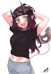  1girl :d absurdres alternate_costume arms_up black_hair black_shirt blue_eyes blush breasts commentary_request cowboy_shot crew_neck demon_girl demon_horns grey_pants highres horns large_breasts long_hair looking_at_viewer midriff multicolored_hair nanashi_inc. navel open_mouth pants piercing pointy_ears red_hair ryugasaki_rene shirt signature simple_background smile solo sugar_lyric t-shirt tail two-tone_hair virtual_youtuber white_background zono_(inokura_syuzo029) 