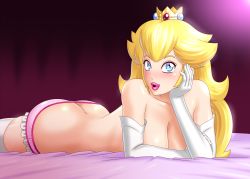  1girl arm_support ass blonde_hair blue_eyes bluebullpen blush breasts butt_crack large_breasts lips lipstick long_hair looking_at_viewer lying makeup mario_(series) nintendo on_stomach panties pink_lips pink_panties princess princess_peach solo super_mario_bros._1 the_pose topless underwear 