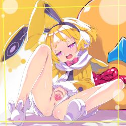  1girl absurdres animal_ears anus blonde_hair blush bow bowtie disgaea earmuffs fake_animal_ears female_focus full_body fur-trimmed_jacket fur-trimmed_sleeves fur_trim highres jacket knee_up loli long_sleeves open_mouth purple_eyes pussy rabbit_ears ribbon scarf shoes short_eyebrows short_hair sitting solo spread_legs spread_pussy tatata thick_eyebrows uncensored usalia_(disgaea) white_footwear white_scarf yellow_jacket  rating:Explicit score:37 user:sytalidis