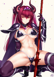  1girl abs angry arm_behind_back arm_support armlet armor armored_boots bikini_armor black_armor boots breasts cape confetti cosplay crotch elbow_gloves elizabeth_bathory_(brave)_(fate) elizabeth_bathory_(brave)_(fate)_(cosplay) elizabeth_bathory_(fate) embarrassed fate/grand_order fate_(series) gae_bolg_(fate) gem gloves gluteal_fold gorget greaves hair_between_eyes hair_ribbon highres horns large_breasts long_hair navel okitakung pauldrons polearm purple_gloves purple_hair purple_legwear purple_ribbon red_eyes ribbon scathach_(fate) shoulder_armor simple_background solo spear spread_legs squatting sweatdrop thighs tiara twintails two_side_up v-shaped_eyebrows vambraces weapon white_background  rating:Sensitive score:47 user:danbooru