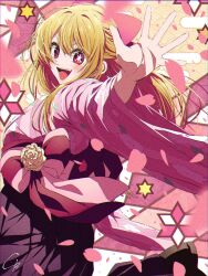  1girl 4b-enpitsu :d blonde_hair cherry_blossoms chromatic_aberration commentary_request falling_petals film_grain highres hoshino_ruby japanese_clothes kimono long_hair looking_at_viewer mismatched_pupils no_pupils obi open_mouth oshi_no_ko petals pink_eyes pink_kimono sash signature smile solo star-shaped_pupils star_(symbol) symbol-shaped_pupils teeth upper_teeth_only 