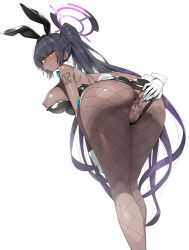  1girl animal_ears anus ass ass_focus bare_shoulders bent_over black_hair black_leotard blue_archive blush breasts cleft_of_venus clothing_aside commentary_request dark-skinned_female dark_skin detached_collar fake_animal_ears fishnet_pantyhose fishnets gloves halo high_ponytail highleg highleg_leotard highres huge_ass karin_(blue_archive) karin_(bunny)_(blue_archive) large_breasts leotard leotard_aside long_hair looking_at_viewer looking_back munashi_mujou nipples official_alternate_costume pantyhose playboy_bunny ponytail presenting pussy rabbit_ears shiny_skin sidelocks simple_background solo thighs thong_leotard uncensored very_long_hair white_background white_gloves wide_hips yellow_eyes 