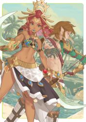 1boy 1girl arrow_(projectile) bare_shoulders blonde_hair blue_lips closed_mouth dark-skinned_female dark_skin earrings feet_out_of_frame gerudo green_eyes highres holding holding_arrow holding_sword holding_weapon ivy_(sena0119) jewelry link looking_at_viewer medium_hair navel nintendo pointy_ears red_hair riju stomach sword the_legend_of_zelda the_legend_of_zelda:_tears_of_the_kingdom weapon 