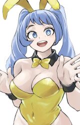  1girl :d alternate_costume alternate_hairstyle animal_ears blue_eyes blue_hair boku_no_hero_academia bow bowtie breasts cleavage covered_navel detached_collar fake_animal_ears fengling_(furin-jp) hadou_nejire highres large_breasts leotard open_mouth playboy_bunny rabbit_ears simple_background smile solo twintails unfinished white_background wrist_cuffs yellow_bow yellow_bowtie yellow_leotard 
