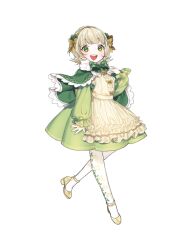  1girl :d bow bowtie brown_bow capelet dairoku_ryouhei dress full_body green_bow green_capelet green_dress green_eyes hair_bow hand_up hokonko long_sleeves looking_at_viewer muguet_blanche open_mouth pantyhose short_hair smile solo standing white_pantyhose yellow_footwear 