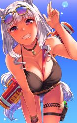  1girl aaru_(tenrake_chaya) animal_ears backlighting bent_over between_breasts blue_sky blunt_bangs breasts cleavage day ear_ornament eyelashes eyewear_on_head fingernails gold_ship_(run_revolt_launcher)_(umamusume) gold_ship_(umamusume) grey_hair grin hair_between_eyes hair_intakes hand_on_own_leg hand_up highres holster horse_ears horse_girl horse_tail jewelry large_breasts leaning_forward leaning_to_the_side lips long_hair looking_at_viewer nail_polish official_alternate_costume official_alternate_hairstyle one-piece_swimsuit outdoors outstretched_arm pendant_choker pink_eyes sky smile solo sparkle strap_between_breasts sunglasses sunlight swimsuit tail teeth thigh_holster thigh_strap umamusume water_gun yellow_nails 