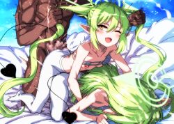  1boy 2girls all_fours bare_shoulders bikini blue_archive blush breasts collarbone cum demon_tail ejaculation eyepatch_bikini green_hair group_sex halo hetero highres hikari_(blue_archive) loli long_hair multiple_girls nipples nozomi_(blue_archive) okina_ika one_eye_closed open_mouth pantyhose pointy_ears sex sex_from_behind siblings sisters small_breasts smile swimsuit tail twins twintails very_long_hair white_bikini white_pantyhose yellow_eyes 