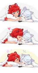  2girls animal_ears bai_xin blue_eyes blush cat_ears cellphone closed_eyes closed_mouth commentary dark-skinned_female dark_skin female_focus flying_sweatdrops gundam gundam_suisei_no_majo heart highres jewelry kemonomimi_mode kiss kissing_cheek long_hair looking_at_another lying miorine_rembran multiple_girls on_stomach phone pillow raccoon_ears red_hair ring smartphone smile suletta_mercury sweatdrop thick_eyebrows under_covers v-shaped_eyebrows wedding_ring white_hair wife_and_wife yuri  rating:General score:5 user:danbooru