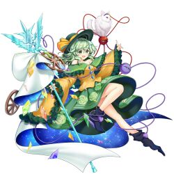  1girl black_socks bow cat floral_print full_body game_cg green_eyes green_hair green_hat green_skirt hat hat_bow heart heart_of_string highres holding holding_staff komeiji_koishi komeiji_koishi_(moon_reverie) komeiji_satori komeiji_satori_(cat) long_sleeves looking_at_viewer open_mouth rose_print rotte_(1109) shirt short_hair simple_background skirt socks staff third-party_source third_eye touhou touhou_lostword white_background wide_sleeves yellow_shirt 
