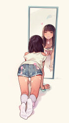 1girl absurdres all_fours areola_slip ass blunt_bangs blush breasts brown_eyes brown_hair clothing_cutout condom condom_in_mouth condom_on_ass cum cum_on_ass cum_on_clothes cum_on_legs denim denim_shorts downblouse female_focus flat_ass from_behind full-length_mirror full_body heart highres kaya_(tiny_evil) kneepits light_smile loli long_hair looking_at_mirror looking_at_viewer mirror mouth_hold muk_(monsieur) original pocket reflection shirt short_shorts shorts shoulder_cutout signature small_breasts smile socks solo t-shirt tiny_evil tongue tongue_out used_condom white_socks rating:Explicit score:554 user:danbooru