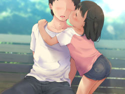  1boy 1girl age_difference anyannko ass black_hair child denim denim_shorts faceless faceless_male flat_chest hetero kiss older_man_and_younger_girl open_mouth outdoors sexually_suggestive short_hair short_shorts shorts  rating:Sensitive score:232 user:pantsu_patrol