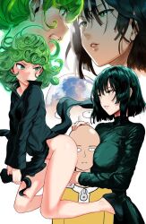  1boy 2girls angry ass aura bald bare_legs between_breasts between_buttocks black_dress blush bottomless breast_press breasts clenched_teeth commentary_request curly_hair dress embarrassed expressionless face-to-face face_in_ass face_to_breasts floating fubuki_(one-punch_man) full_body girl_sandwich green_dress green_eyes green_hair hand_on_another&#039;s_head hetero hews hews_hack high_heels highres hug huge_ass large_breasts legs leotard lips looking_at_another looking_at_viewer looking_back matching_hair/eyes medium_hair multiple_girls no_panties one-punch_man parted_lips psychic rabbit_ears saitama_(one-punch_man) sandwiched shiny_clothes shiny_skin short_hair siblings sisters sleeveless small_breasts sweat tatsumaki teeth telekinesis thighs white_background wide_hips  rating:Sensitive score:303 user:fakyuh