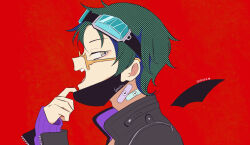  185238388 1boy bandaid black_hair fangs glasses gnosia goggles green_hair highres jacket jewelry long_sleeves looking_at_viewer male_focus mask mask_pull mouth_mask open_mouth parody red_background sha-ming shirt short_hair smile solo upper_body vampire_(vocaloid) 