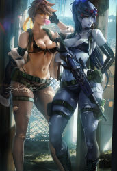 2girls bikini black_bikini black_gloves breasts blowing_bubbles chest_harness cleavage colored_skin cosplay elbow_gloves front-tie_bikini_top front-tie_top gloves gun harness headband holding holding_weapon holster looking_to_the_side md5_mismatch metal_gear_(series) metal_gear_solid_v:_the_phantom_pain multiple_girls navel overwatch overwatch_1 pantyhose purple_skin quiet_(metal_gear) quiet_(metal_gear)_(cosplay) resolution_mismatch rifle sakimichan sniper_rifle stomach sunglasses swimsuit thigh_strap toned torn_clothes torn_legwear tracer_(overwatch) weapon widowmaker_(overwatch) rating:Sensitive score:165 user:danbooru